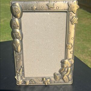 Vintage Bronze Baby Photo Frame with Bear and Balloon Accents